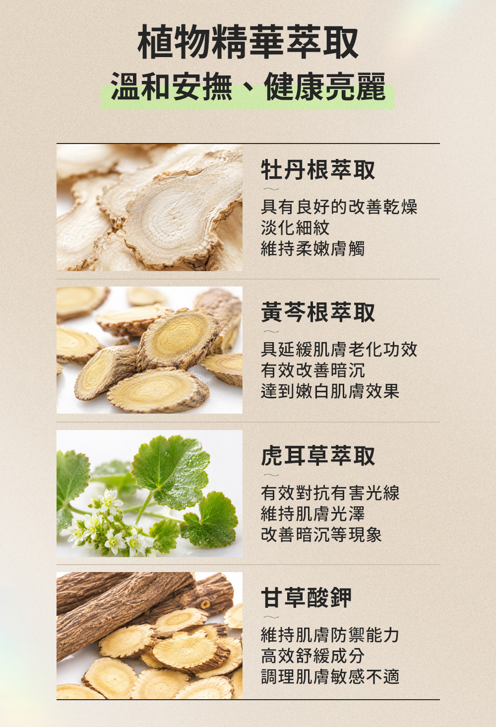 產品4成分功效，植物精華萃取，溫和安撫、健康亮麗