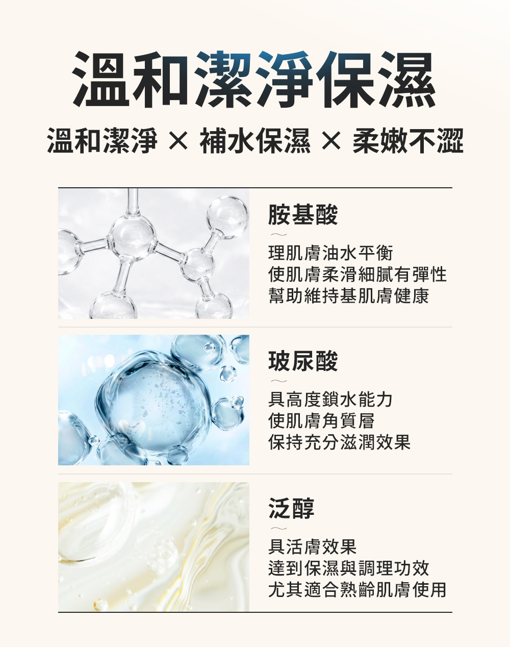 產品3成分功效，溫和潔淨保濕